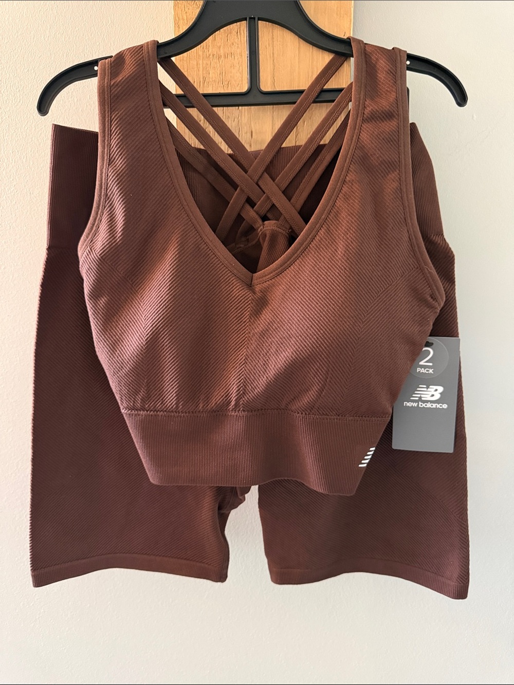 New Balance ‘Pumpernickle’ Crisscross Strappy Sports Bra w Matching Shorts, NWTs